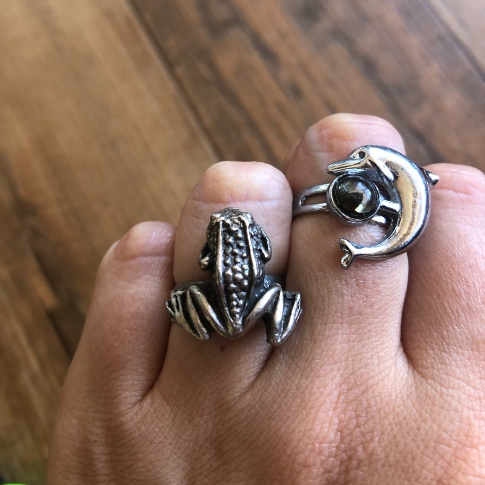 Silver Tone Frog And Dolphin Ring, Adjustable Nature Animal Rings 3D